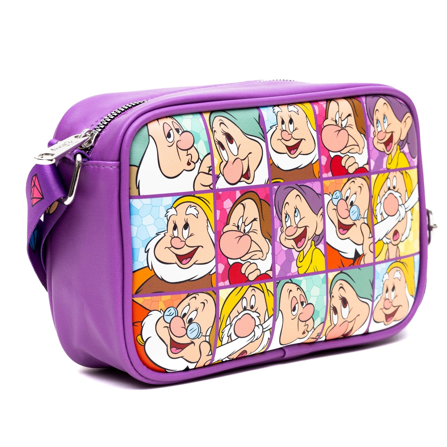 Disney Vegan Leather Crossbody bag with Adjustable Straps, Snow White the Seven Dwarfs Expression Blocks Purple, 8.5" x 6.0"