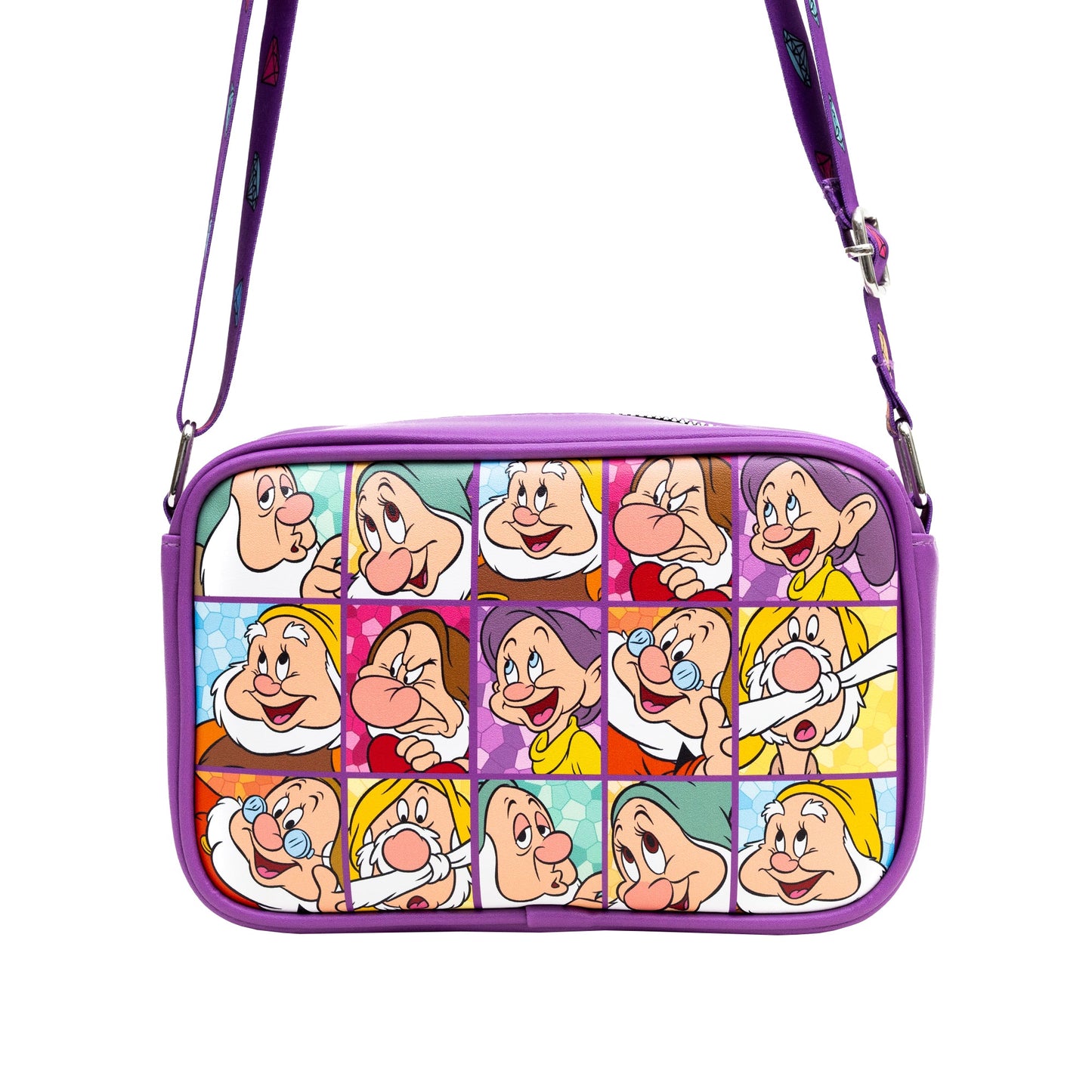 Disney Vegan Leather Crossbody bag with Adjustable Straps, Snow White the Seven Dwarfs Expression Blocks Purple, 8.5" x 6.0"