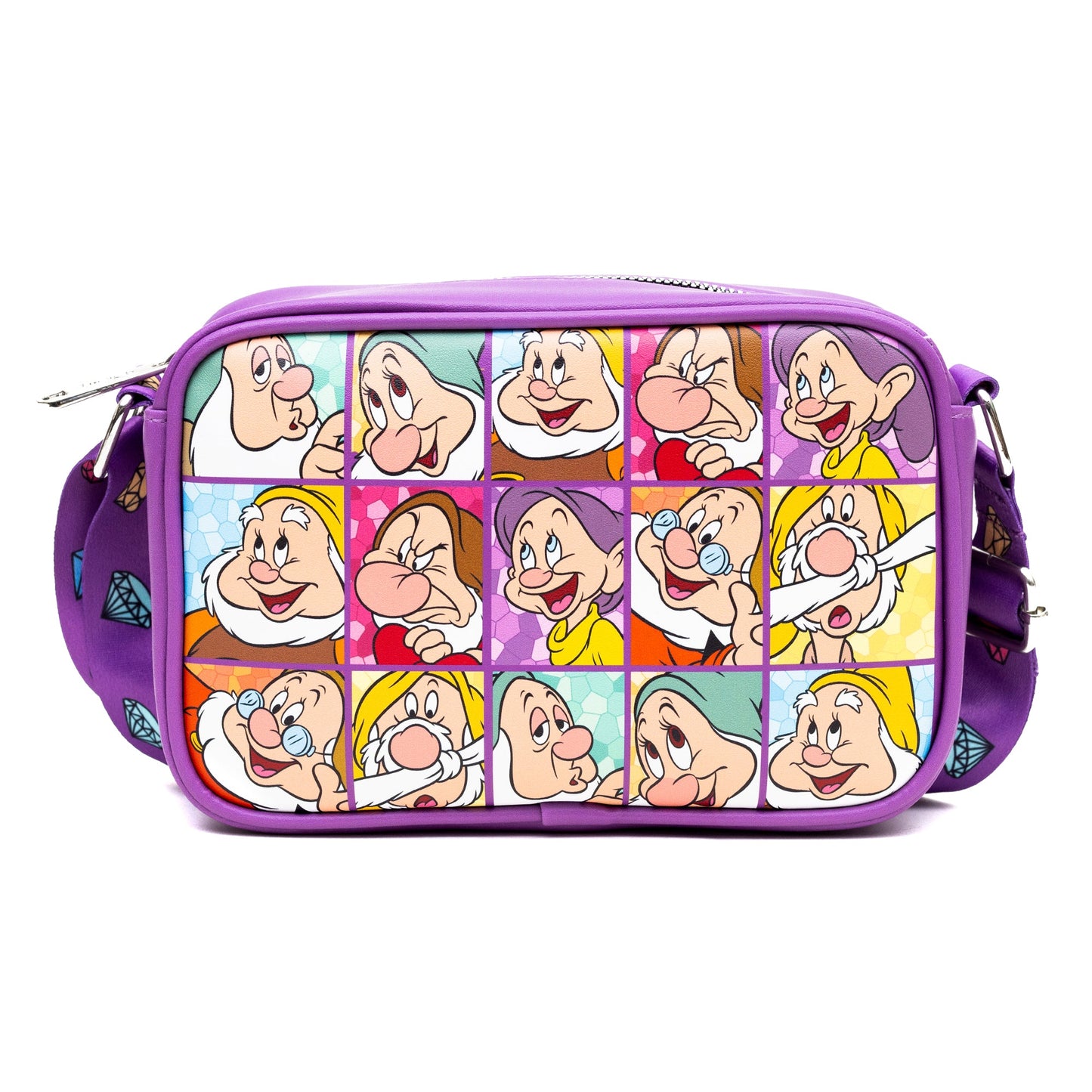 Disney Vegan Leather Crossbody bag with Adjustable Straps, Snow White the Seven Dwarfs Expression Blocks Purple, 8.5" x 6.0"