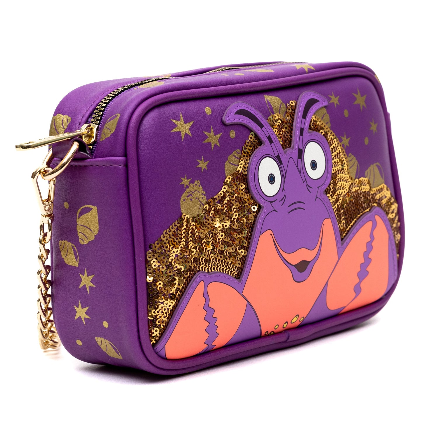 Disney Vegan Leather Crossbody bag with Adjustable Straps, Moana Tamatoa Character Close Up Pose Applique, Purple, 8.5" x 6.0"