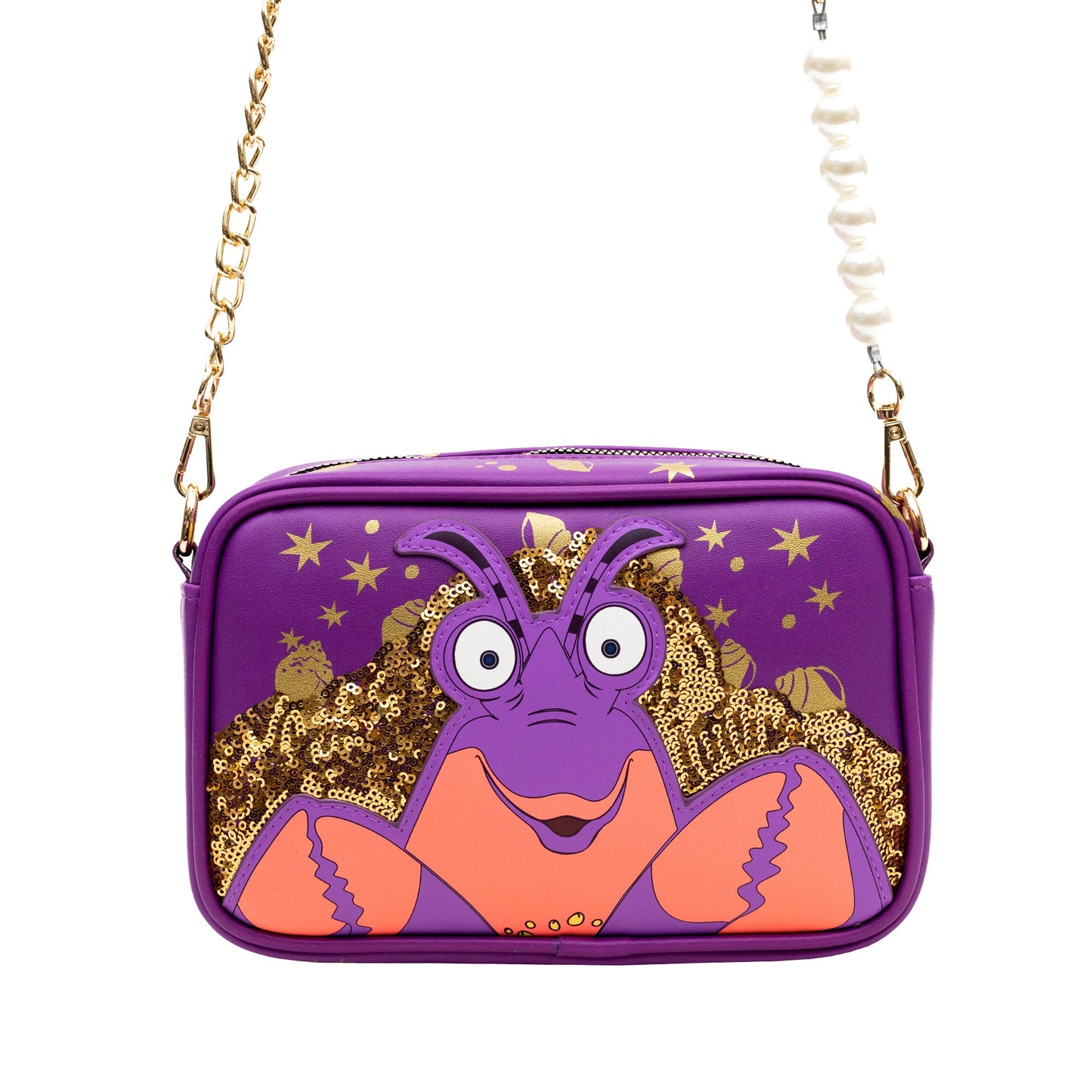 Disney Vegan Leather Crossbody bag with Adjustable Straps, Moana Tamatoa Character Close Up Pose Applique, Purple, 8.5" x 6.0"