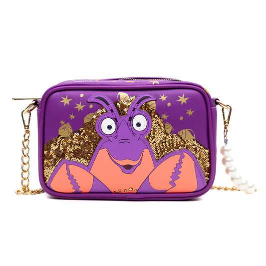 Disney Vegan Leather Crossbody bag with Adjustable Straps, Moana Tamatoa Character Close Up Pose Applique, Purple, 8.5" x 6.0"