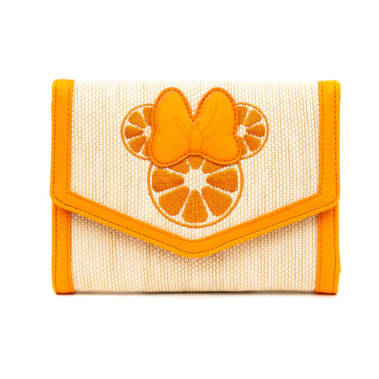 Disney Bag, Horizontal Fold Over Crossbody, Minnie Mouse Embroidered Citrus Ears with Bow Orange, Raffia Straw