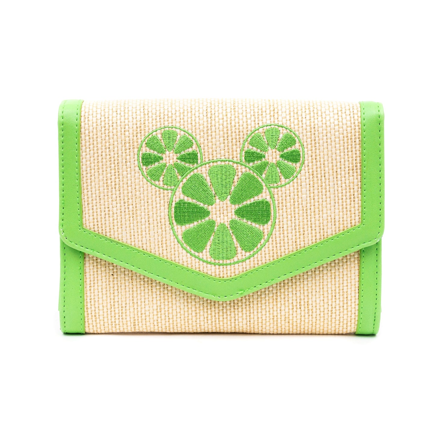 Disney Bag, Horizontal Fold Over Crossbody, Mickey Mouse Embroidered Citrus Ears Lime Green, Raffia Straw