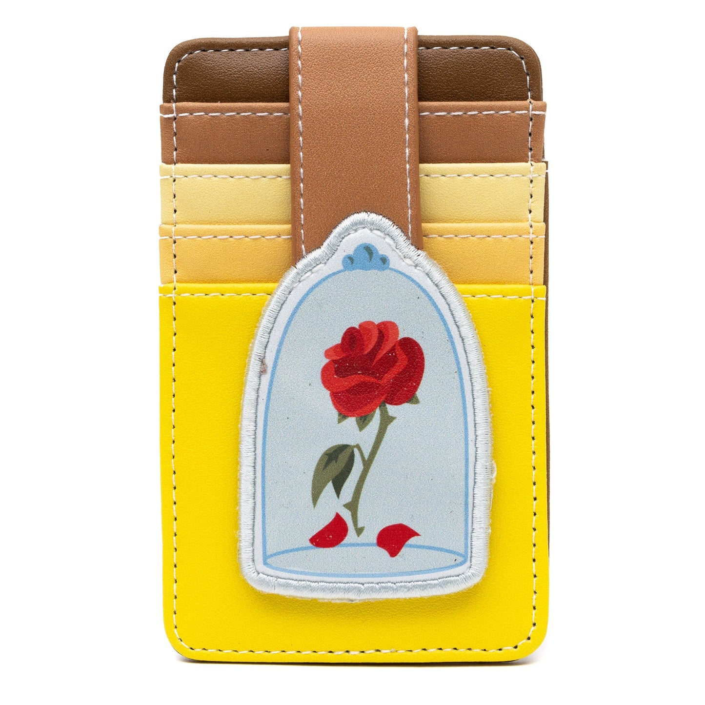 Disney Vegan Leather Wallet, ID Card Holder, Beauty and the Beast Enchanted Rose Multi Color Yellows, 3.0" x 5.0"