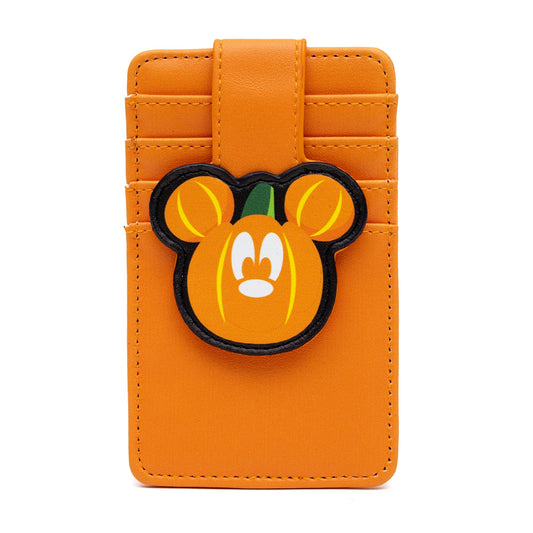 Disney Vegan Leather Wallet, ID Card Holder, Halloween Mickey Mouse Pumpkin Orange, 3.0" x 5.0"