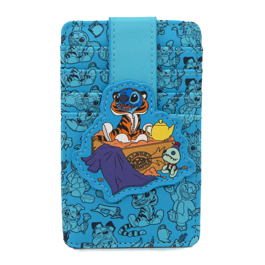 Disney Vegan Leather Wallet, ID Card Holder, Stitch Aladdin Dress Up Scene and Poses Scattered Blue