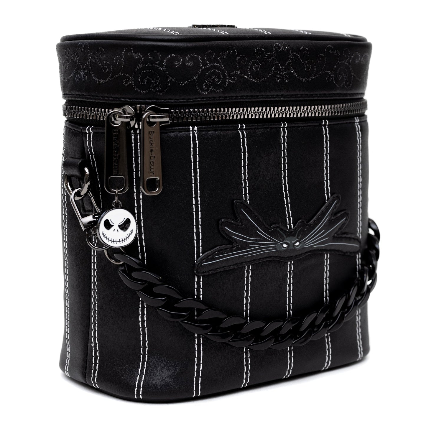 Disney Bag, Crossbody Rectangular Vanity, The Nightmare Before Christmas Jack Striping with Bat Bow Tie, Black, Vegan Leather