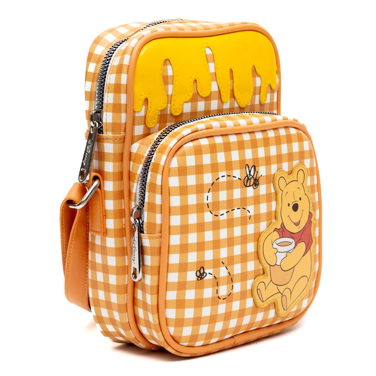 Disney Vegan Leather Crossbody bag with Adjustable Straps, Winnie the Pooh Hunny Pot Pose with Honey Drip Gingham White/Golden Yellow, 5.5" x 8.5"