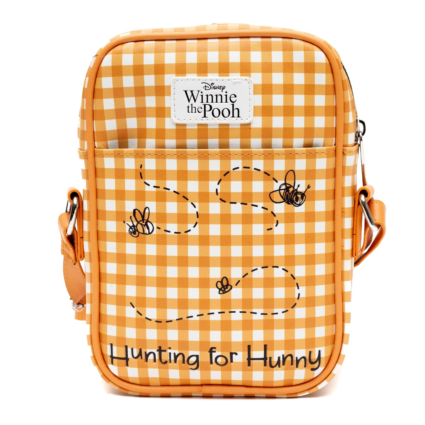 Disney Vegan Leather Crossbody bag with Adjustable Straps, Winnie the Pooh Hunny Pot Pose with Honey Drip Gingham White/Golden Yellow, 5.5" x 8.5"