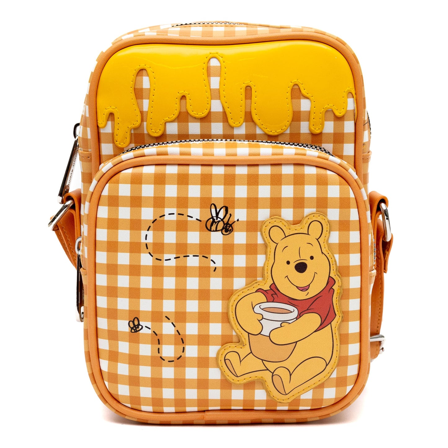 Disney Vegan Leather Crossbody bag with Adjustable Straps, Winnie the Pooh Hunny Pot Pose with Honey Drip Gingham White/Golden Yellow, 5.5" x 8.5"