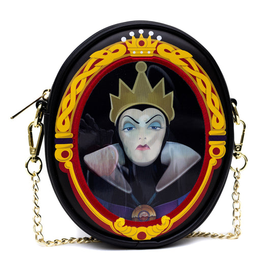 Disney Bag, Oval Crossbody, Snow White Old Hag and Evil Queen Villains Lenticular Portrait, Black, Vegan Leather