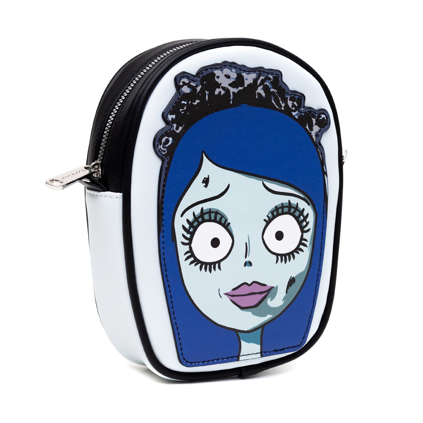 Horror Movies Vegan Leather Crossbody Bag, Emily the Corpse Bride Face Applique Pale Blue