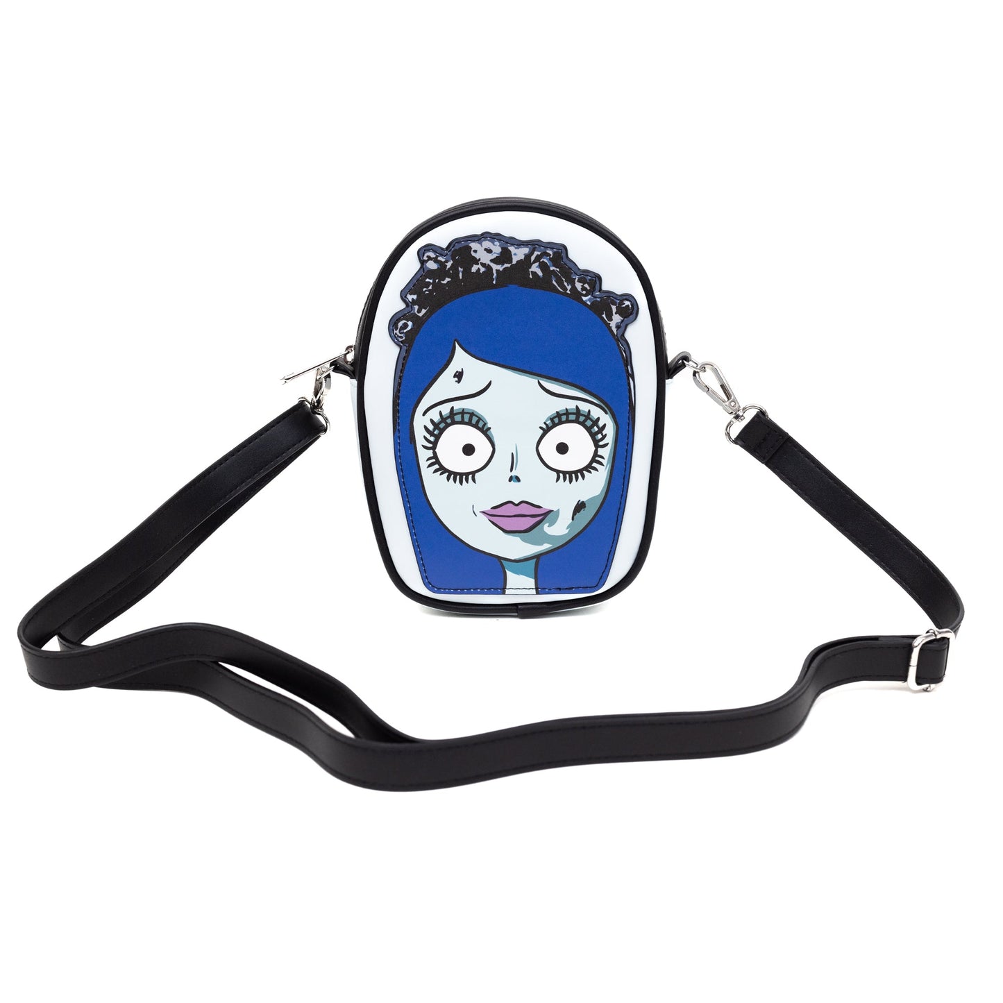 Horror Movies Vegan Leather Crossbody Bag, Emily the Corpse Bride Face Applique Pale Blue