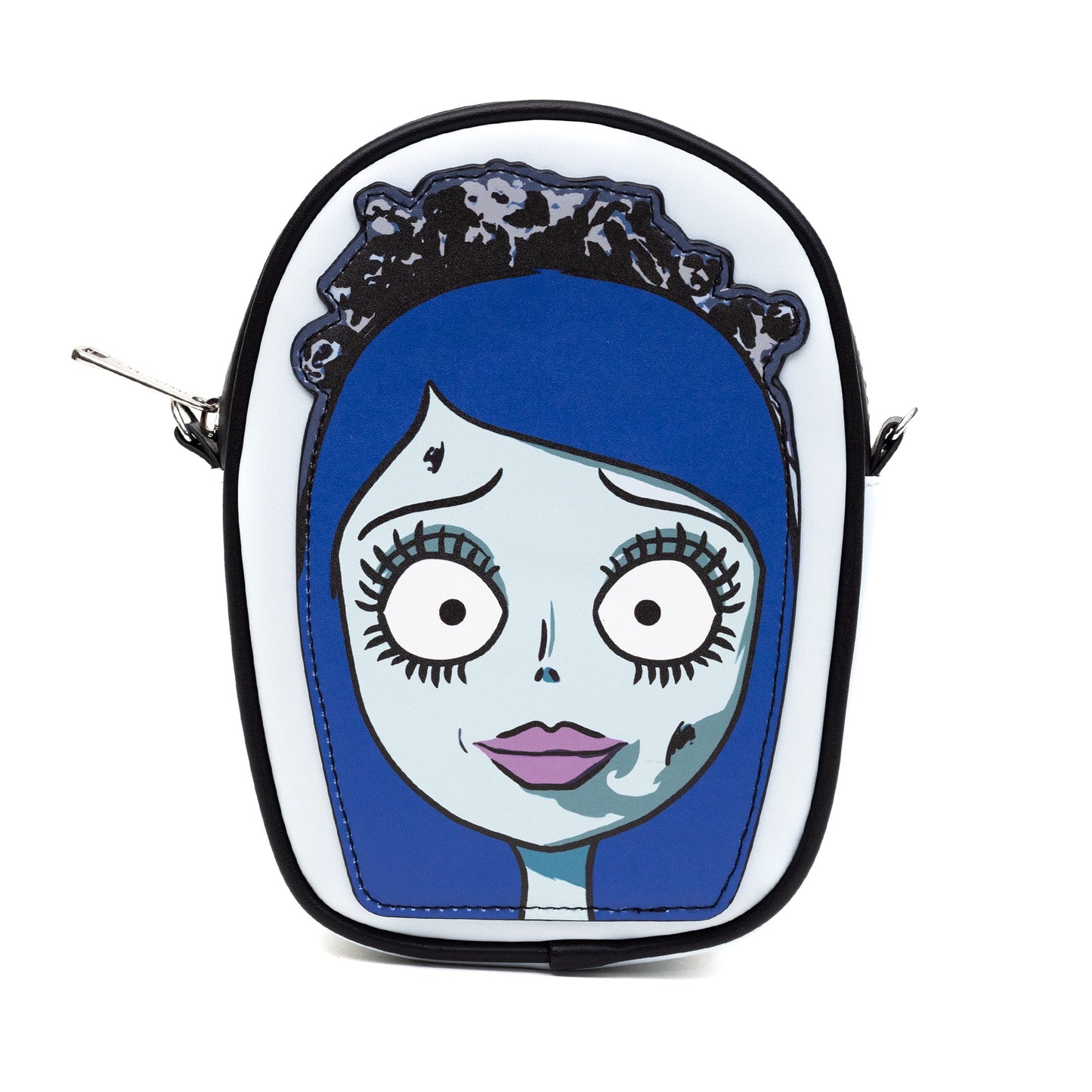 Horror Movies Vegan Leather Crossbody Bag, Emily the Corpse Bride Face Applique Pale Blue