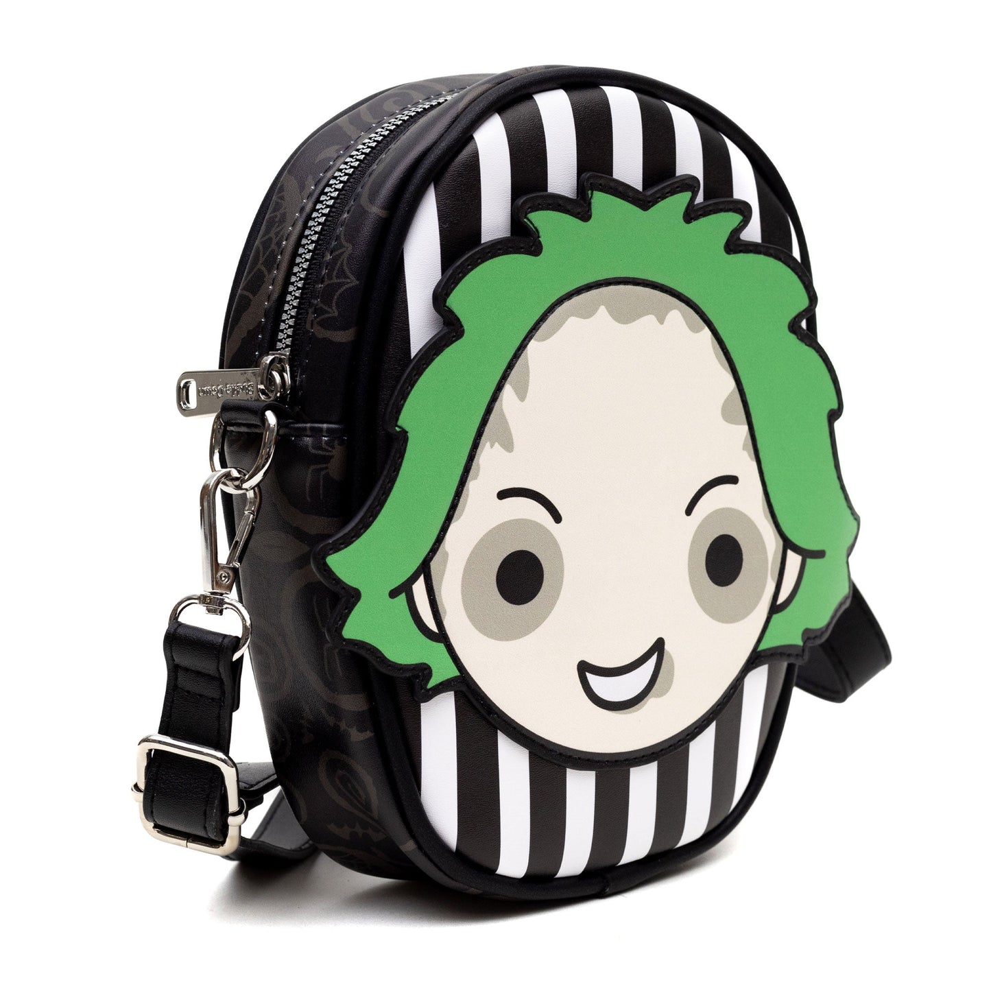 Horror Movies Vegan Leather Crossbody Bag with Adjustable Strap, Beetlejuice Smiling Chibi Face Applique, Stripe Black White, 7" x 8"