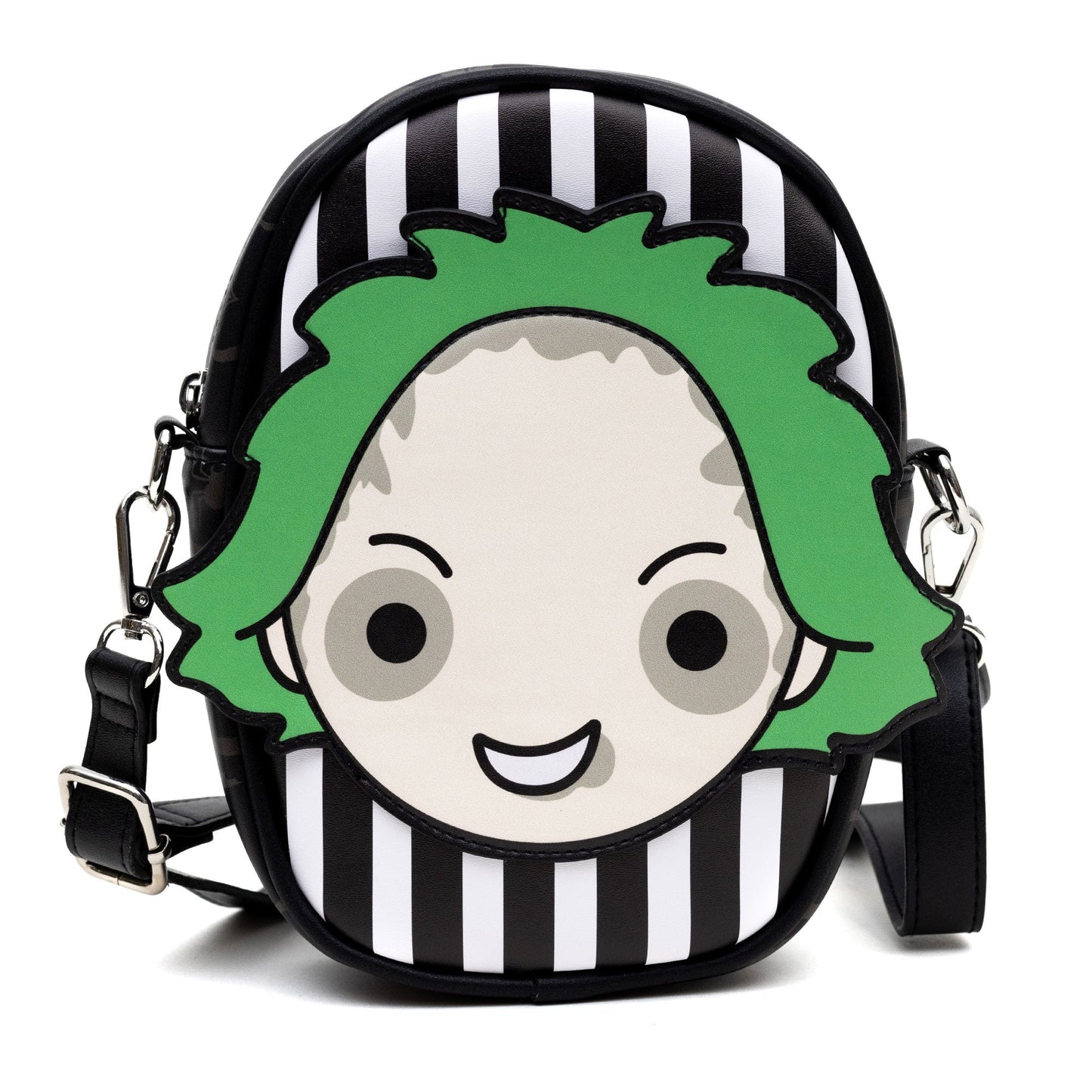 Horror Movies Vegan Leather Crossbody Bag with Adjustable Strap, Beetlejuice Smiling Chibi Face Applique, Stripe Black White, 7" x 8"