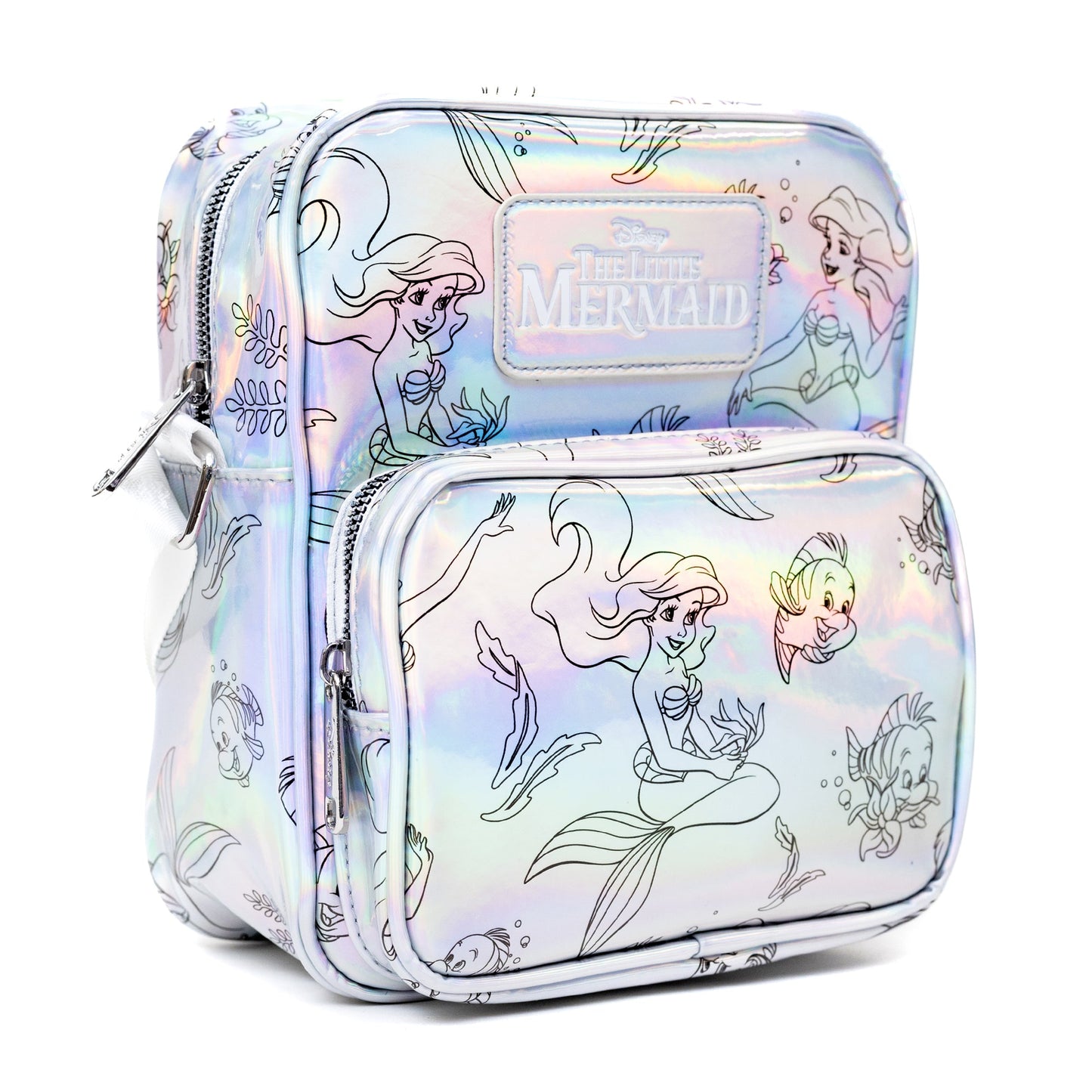 Disney Vegan Leather Crossbody Backpack with Adjustable Strap, The Little Mermaid Ariel and Flounder Poses Iridescent Holographic