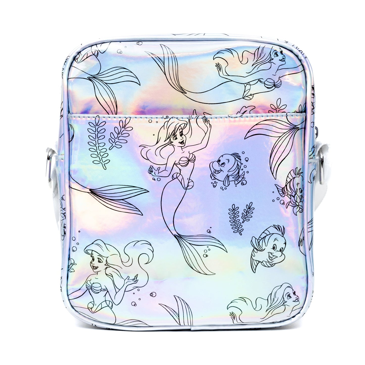 Disney Vegan Leather Crossbody Backpack with Adjustable Strap, The Little Mermaid Ariel and Flounder Poses Iridescent Holographic