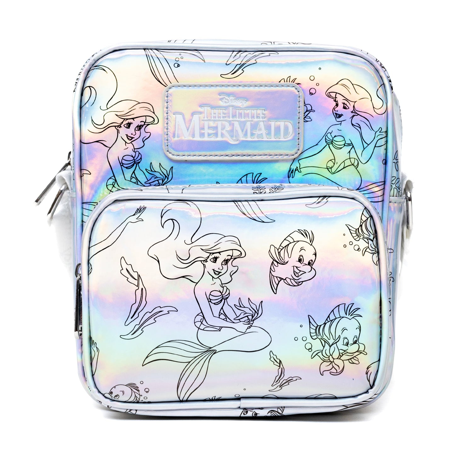 Disney Vegan Leather Crossbody Backpack with Adjustable Strap, The Little Mermaid Ariel and Flounder Poses Iridescent Holographic