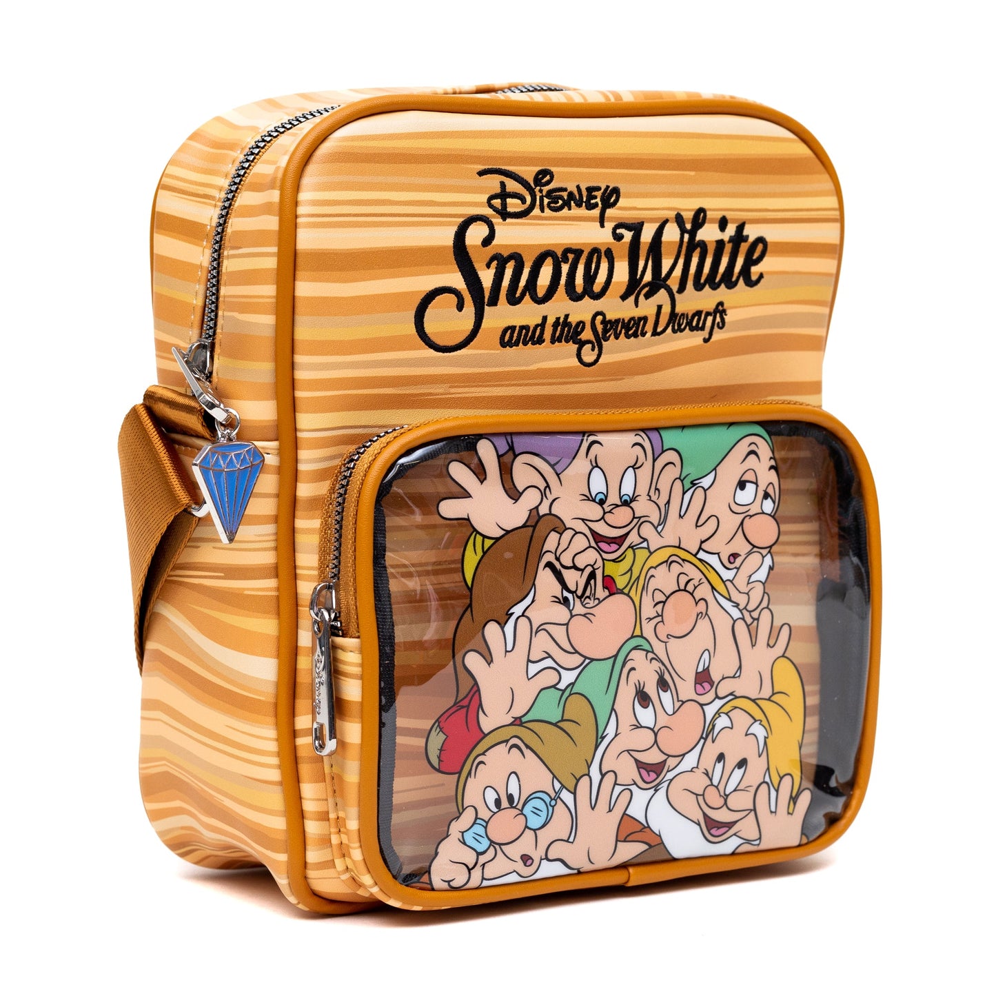 Disney Vegan Leather Crossbody Backpack with Adjustable Strap, Snow White and the Seven Dwarfs Face Smash Group Pose and Faux Wood Grain