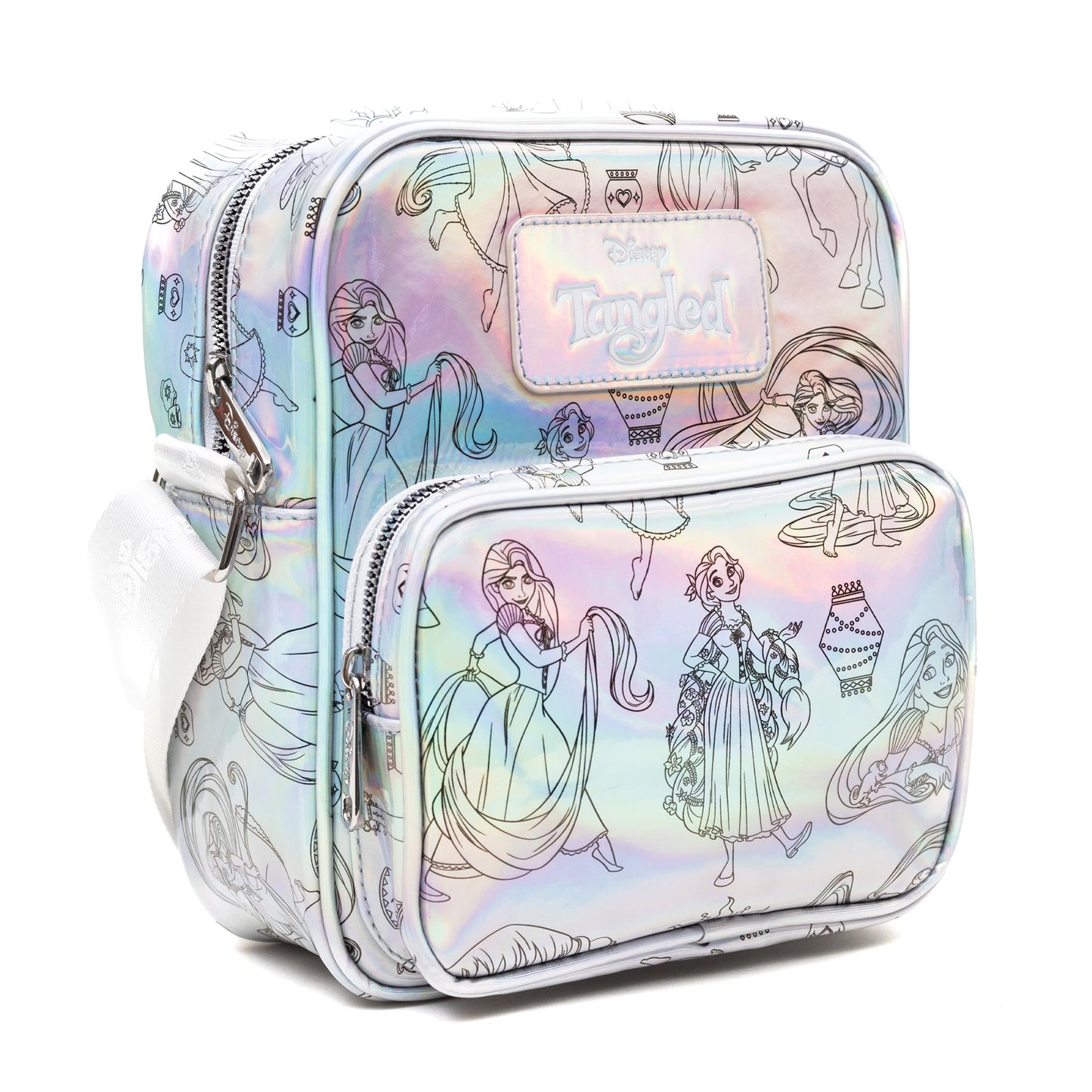 Disney Vegan Leather Crossbody Backpack with Adjustable Strap, Tangled Rapunzel Poses Iridescent Holographic