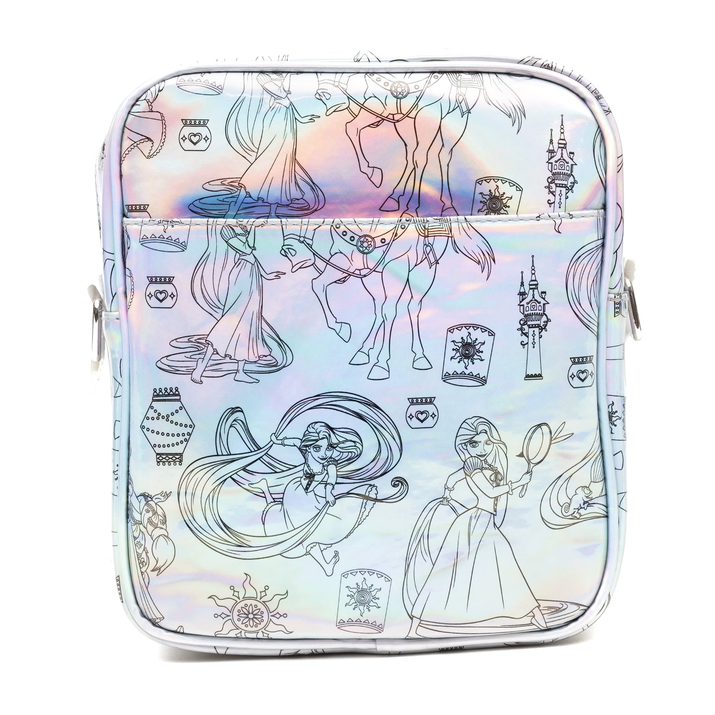 Disney Vegan Leather Crossbody Backpack with Adjustable Strap, Tangled Rapunzel Poses Iridescent Holographic