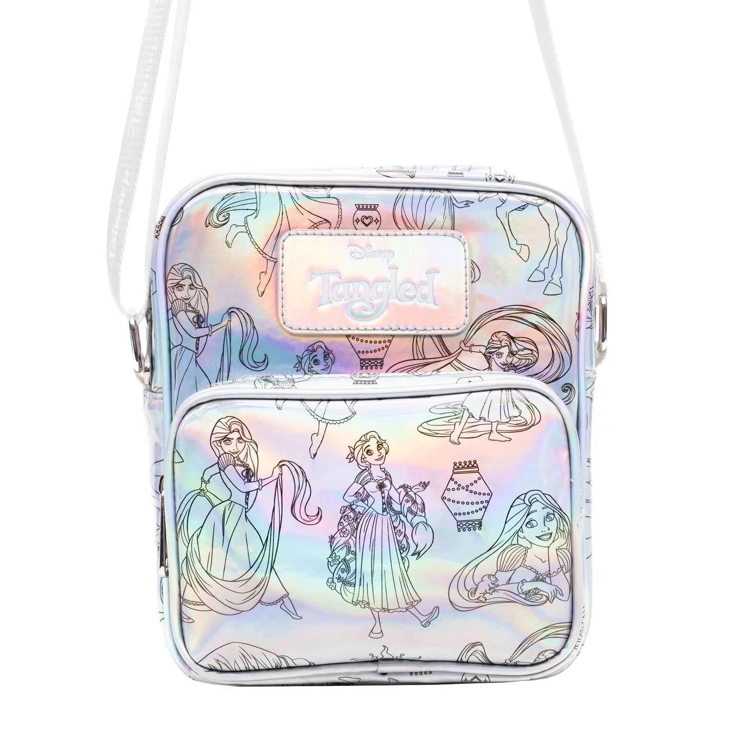 Disney Vegan Leather Crossbody Backpack with Adjustable Strap, Tangled Rapunzel Poses Iridescent Holographic