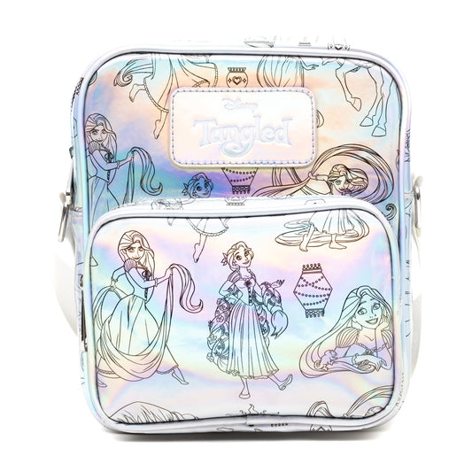 Disney Vegan Leather Crossbody Backpack with Adjustable Strap, Tangled Rapunzel Poses Iridescent Holographic