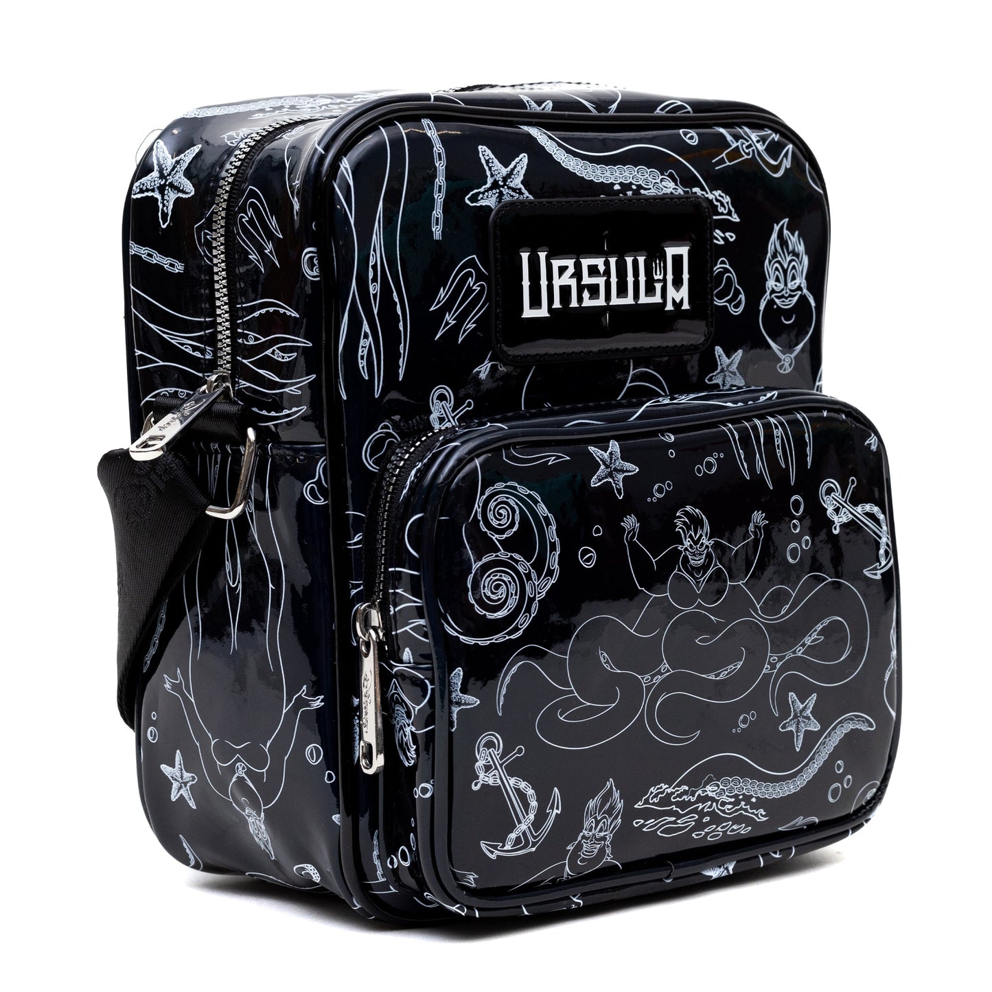 Disney Vegan Leather Crossbody Backpack with Adjustable Strap, The Little Mermaid Villain Ursula Poses Holographic Black/White