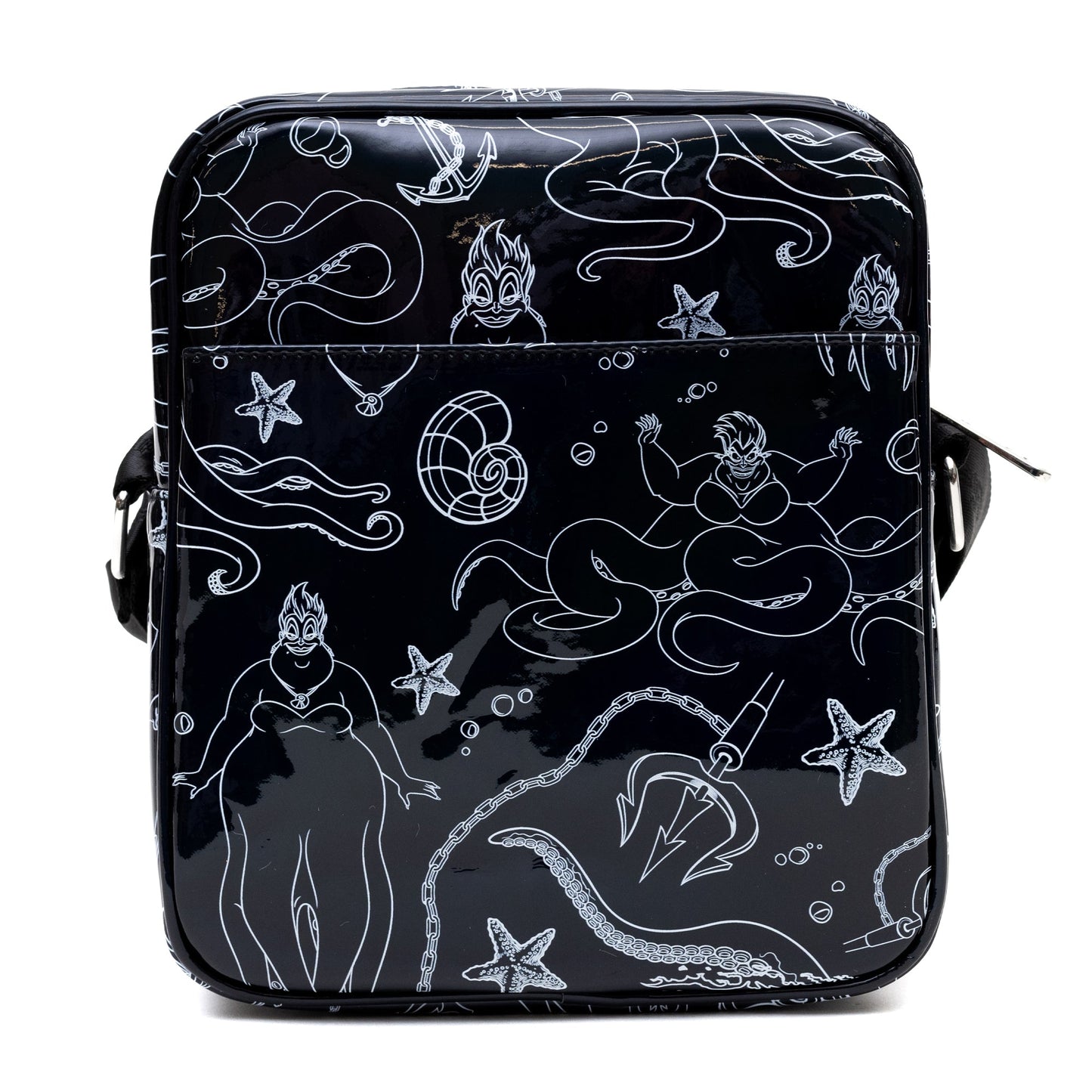 Disney Vegan Leather Crossbody Backpack with Adjustable Strap, The Little Mermaid Villain Ursula Poses Holographic Black/White