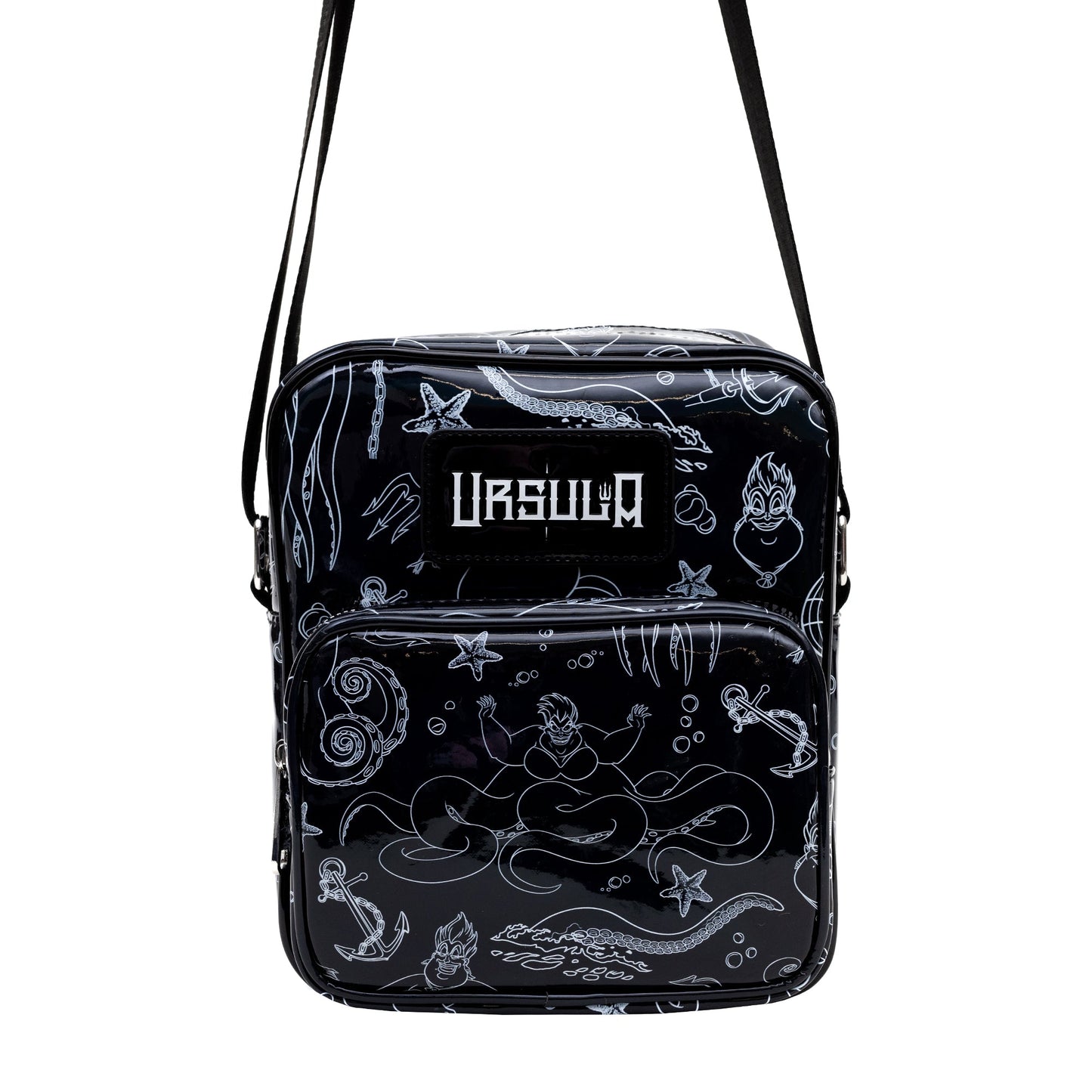 Disney Vegan Leather Crossbody Backpack with Adjustable Strap, The Little Mermaid Villain Ursula Poses Holographic Black/White