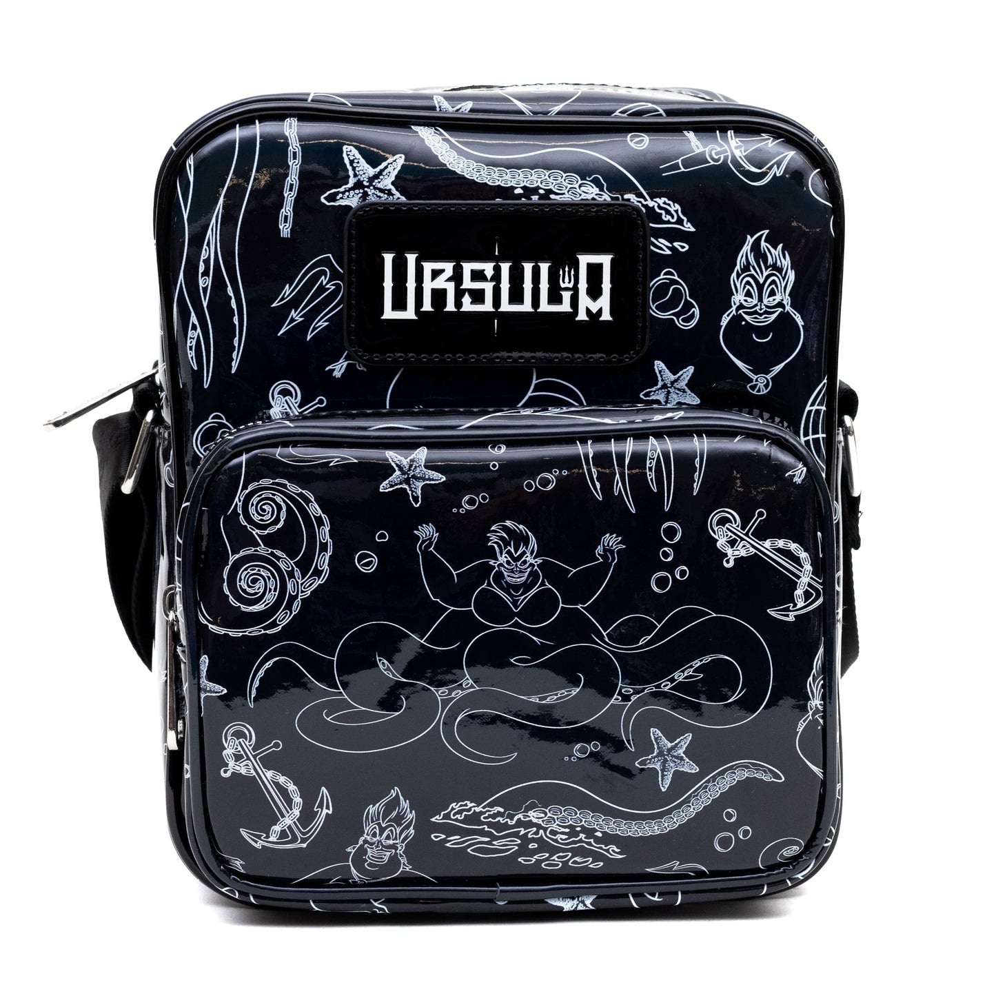 Disney Vegan Leather Crossbody Backpack with Adjustable Strap, The Little Mermaid Villain Ursula Poses Holographic Black/White