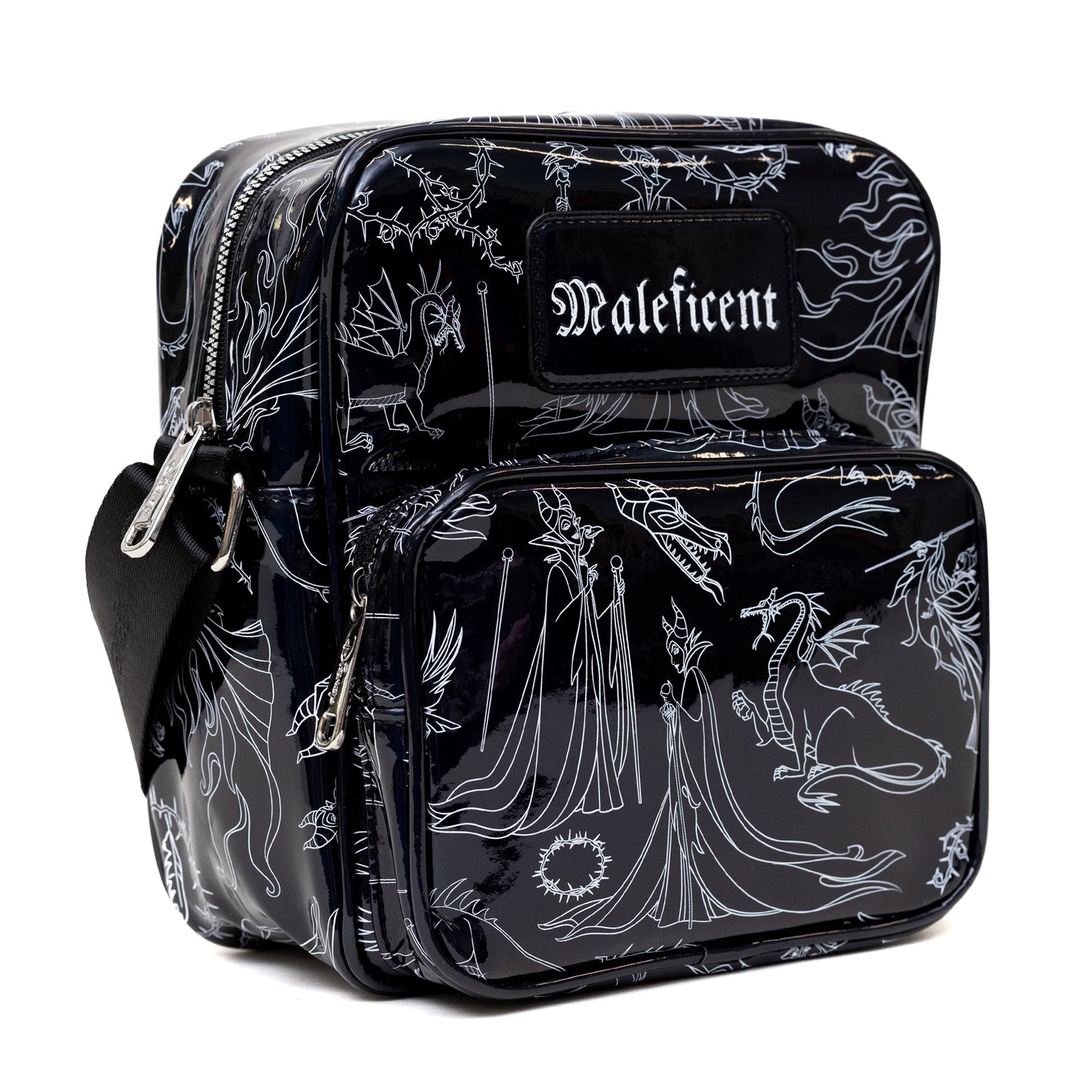 Disney Vegan Leather Crossbody Backpack with Adjustable Strap, Sleeping Beauty Villain Maleficent Poses Holographic Black/White