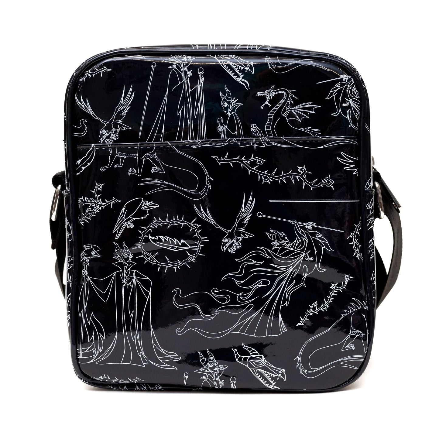 Disney Vegan Leather Crossbody Backpack with Adjustable Strap, Sleeping Beauty Villain Maleficent Poses Holographic Black/White