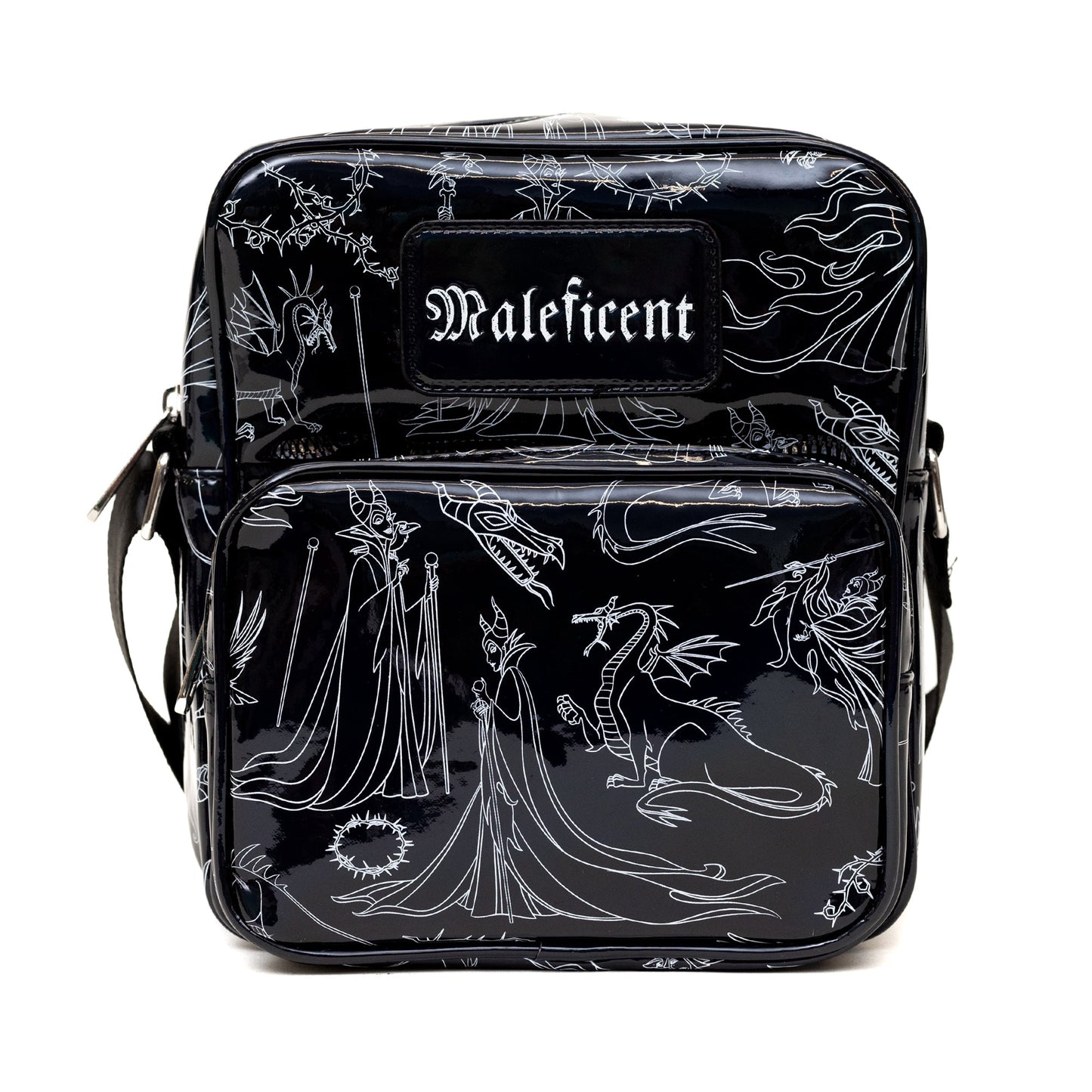 Disney Vegan Leather Crossbody Backpack with Adjustable Strap, Sleeping Beauty Villain Maleficent Poses Holographic Black/White