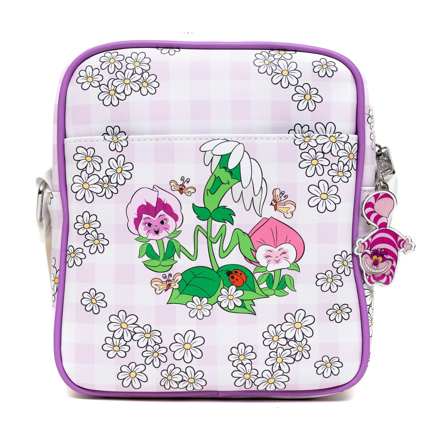 Disney Vegan Leather CrossBody Backpack with Adjustable Strap, Alice in Wonderland Tea Party and Garden Flowers Poses Gingham Lavender