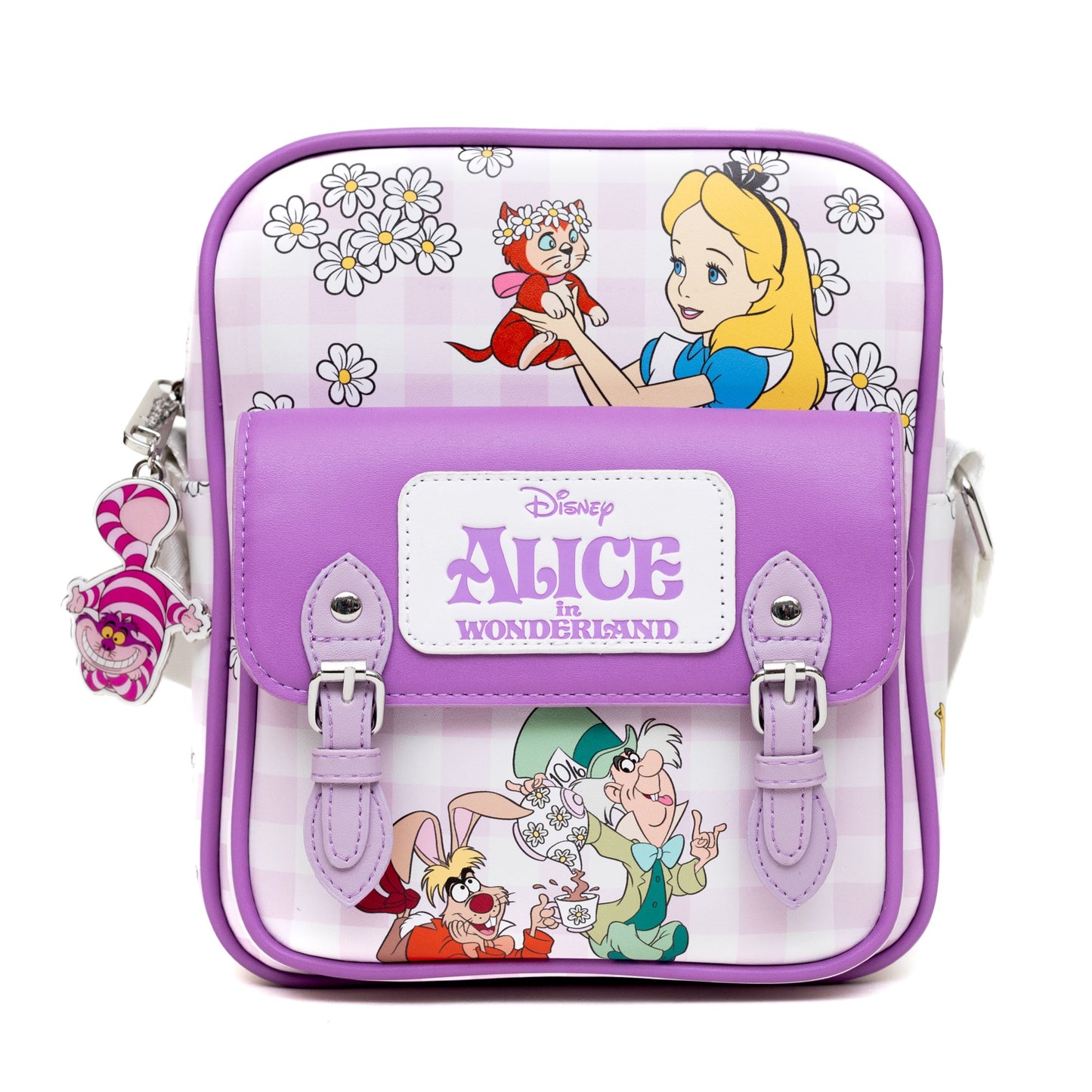 Disney Vegan Leather CrossBody Backpack with Adjustable Strap, Alice in Wonderland Tea Party and Garden Flowers Poses Gingham Lavender