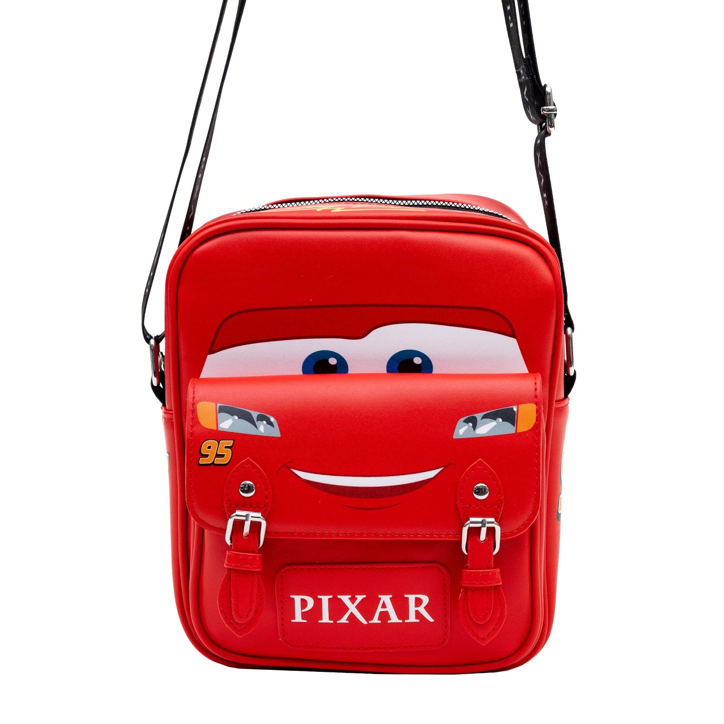 Disney Vegan Leather Crossbody Bag with Front Pocket, Cars Lightning McQueen Car Body Paint Scheme Red, 7.5" x 9"