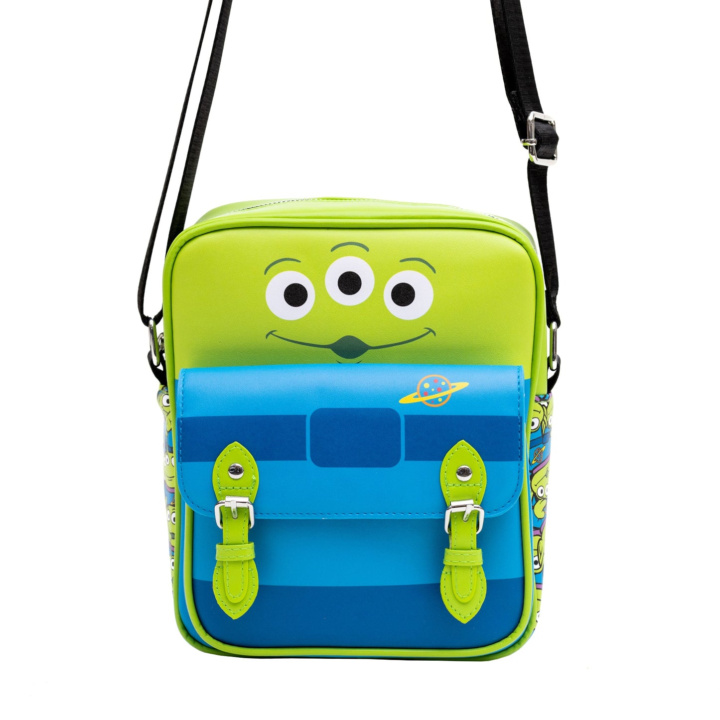 Disney Vegan Leather Crossbody Bag with Front Pocket, Toy Story Alien Bodice and Stacked Aliens Green Blue, 7.5" x 9"