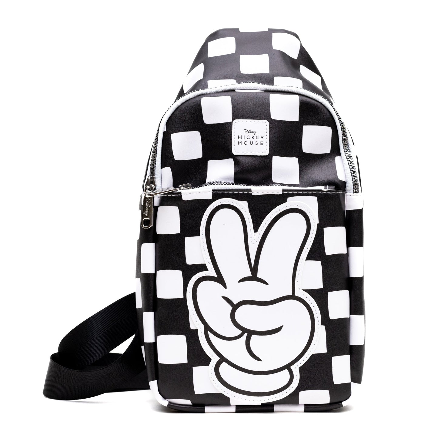 Disney Vegan Leather Crossbody Sling Bag, Mickey Mouse Peace Fingers Applique,Checker Black White, 7" x 14"