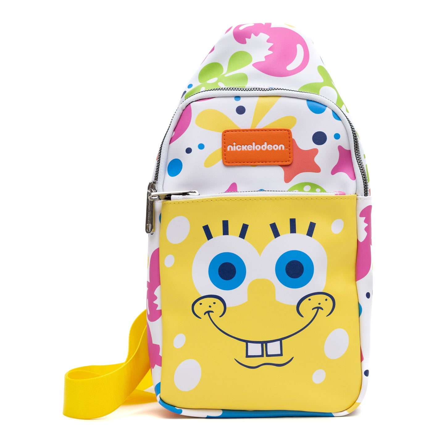 Nickelodeon Vegan Leather Crossbody Sling Bag, SpongeBob SquarePants Smiling Character Close Up and Icons, 7" x 14"