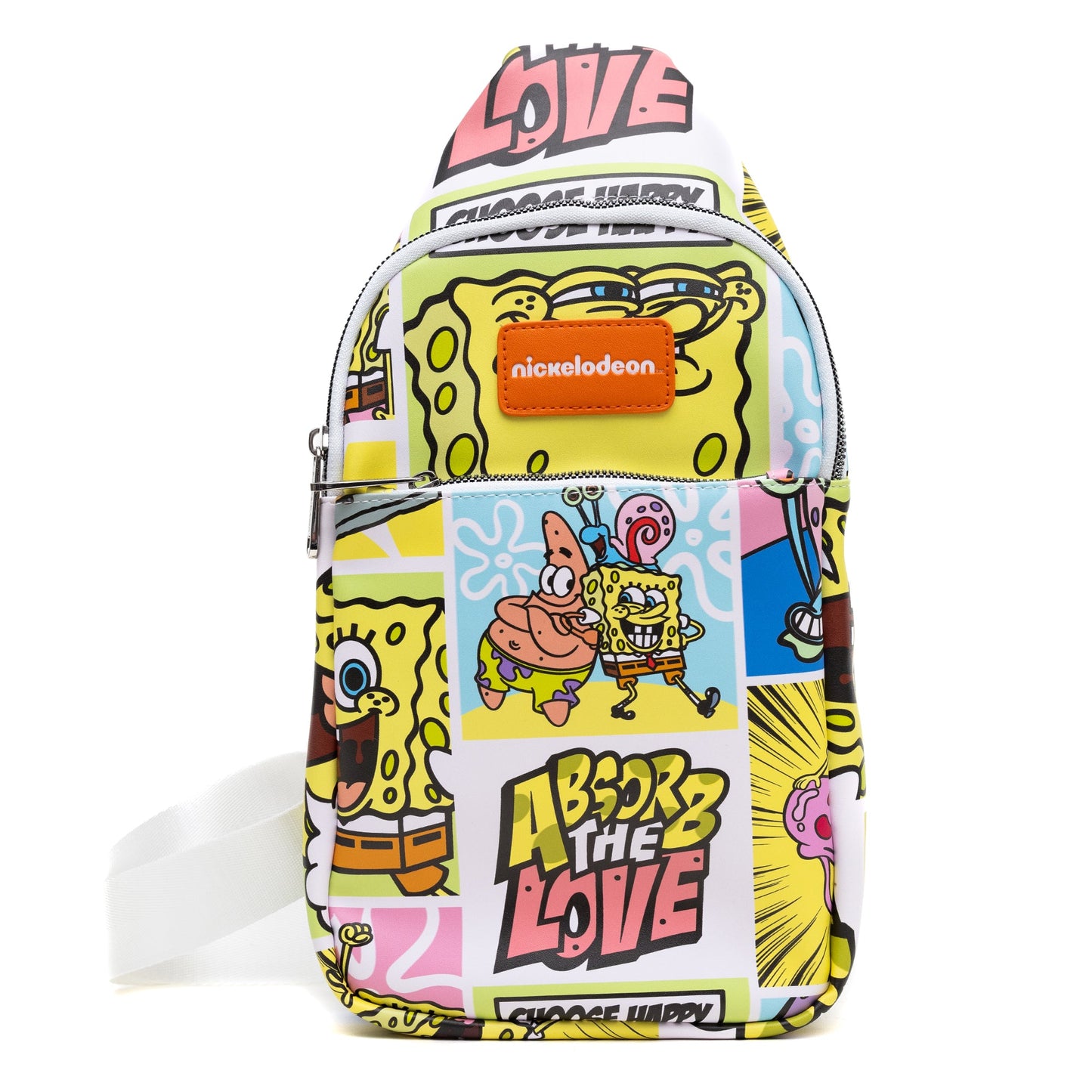 Nickelodeon Vegan Leather Crossbody Sling Bag, SpongeBob SquarePants and Friends Character Blocks, 7" x 14"