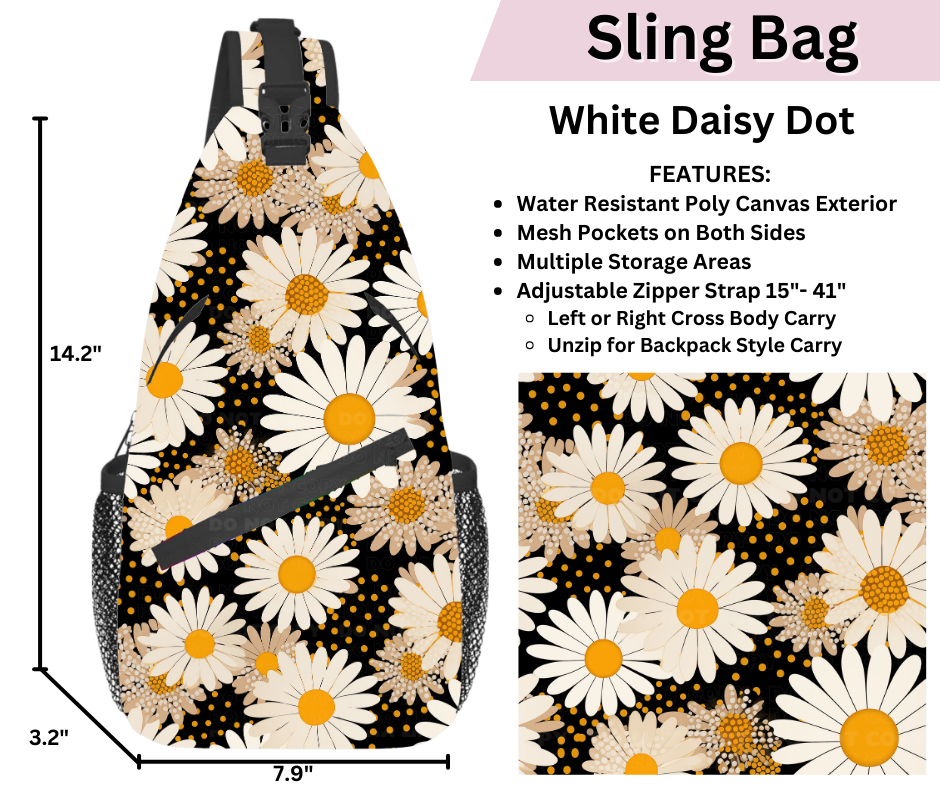 Preorder! Closes 3/12. ETA June. White Daisy Dot Sling Bag