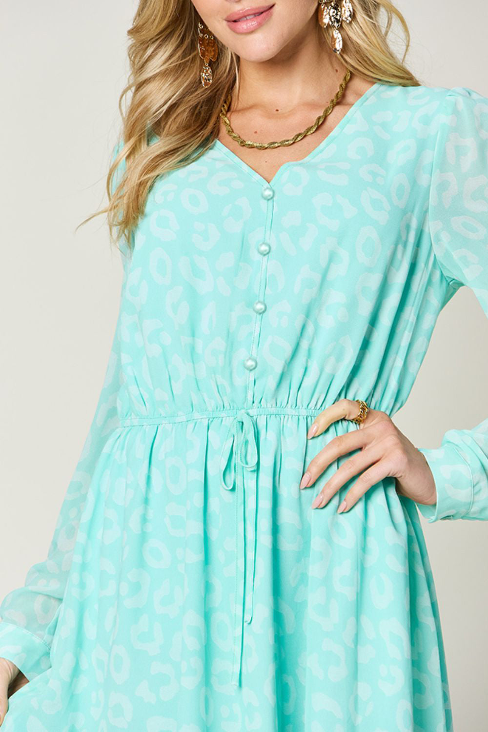 Double Take Printed Ruched V-Neck Long Sleeve Dress