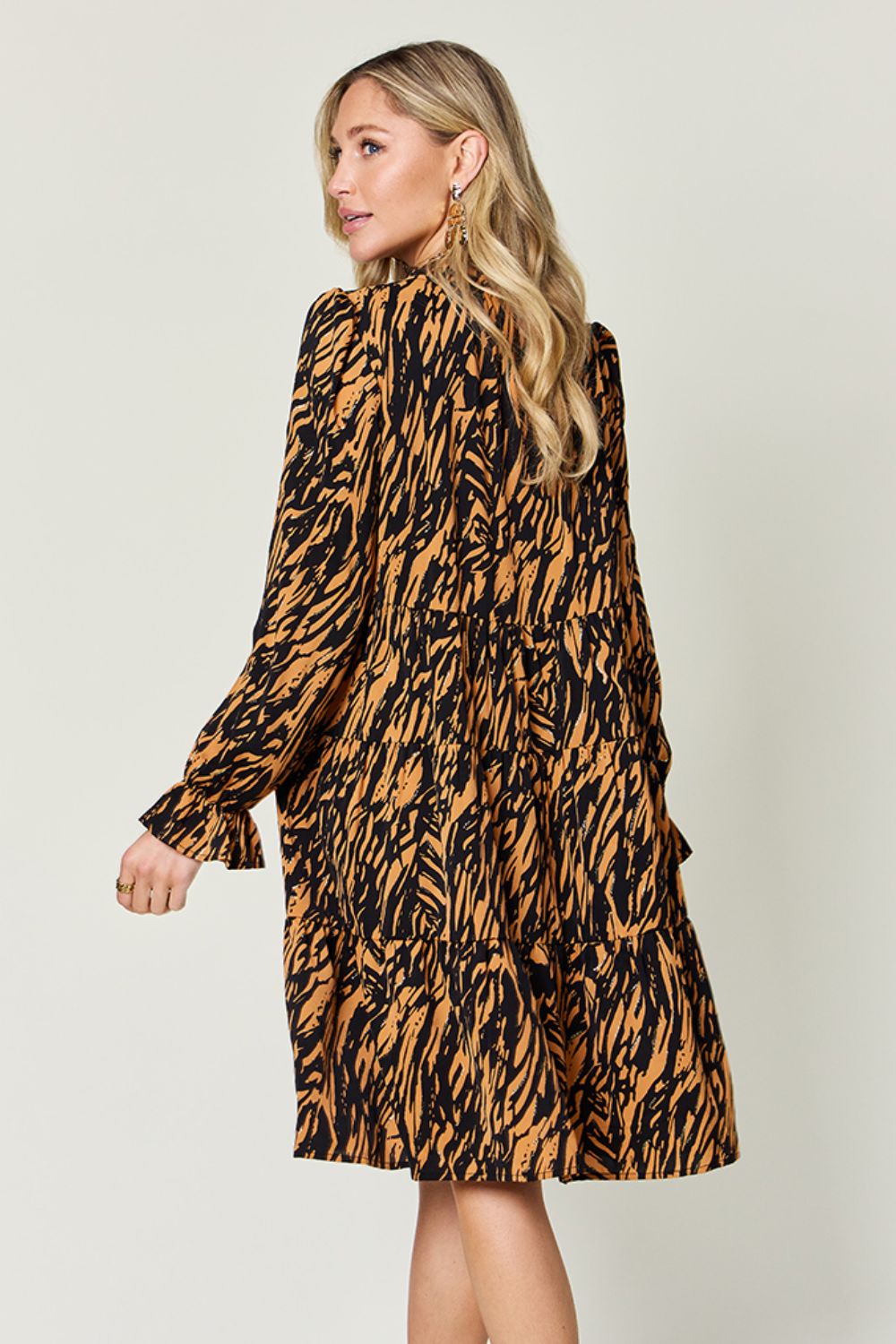 Double Take Printed Ruffle Hem Long Sleeve Dress