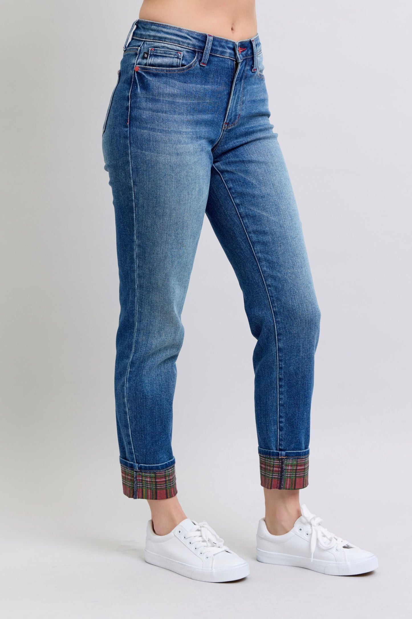 Judy Blue Plaid Print Cuff Straight Leg Jeans with Pockets