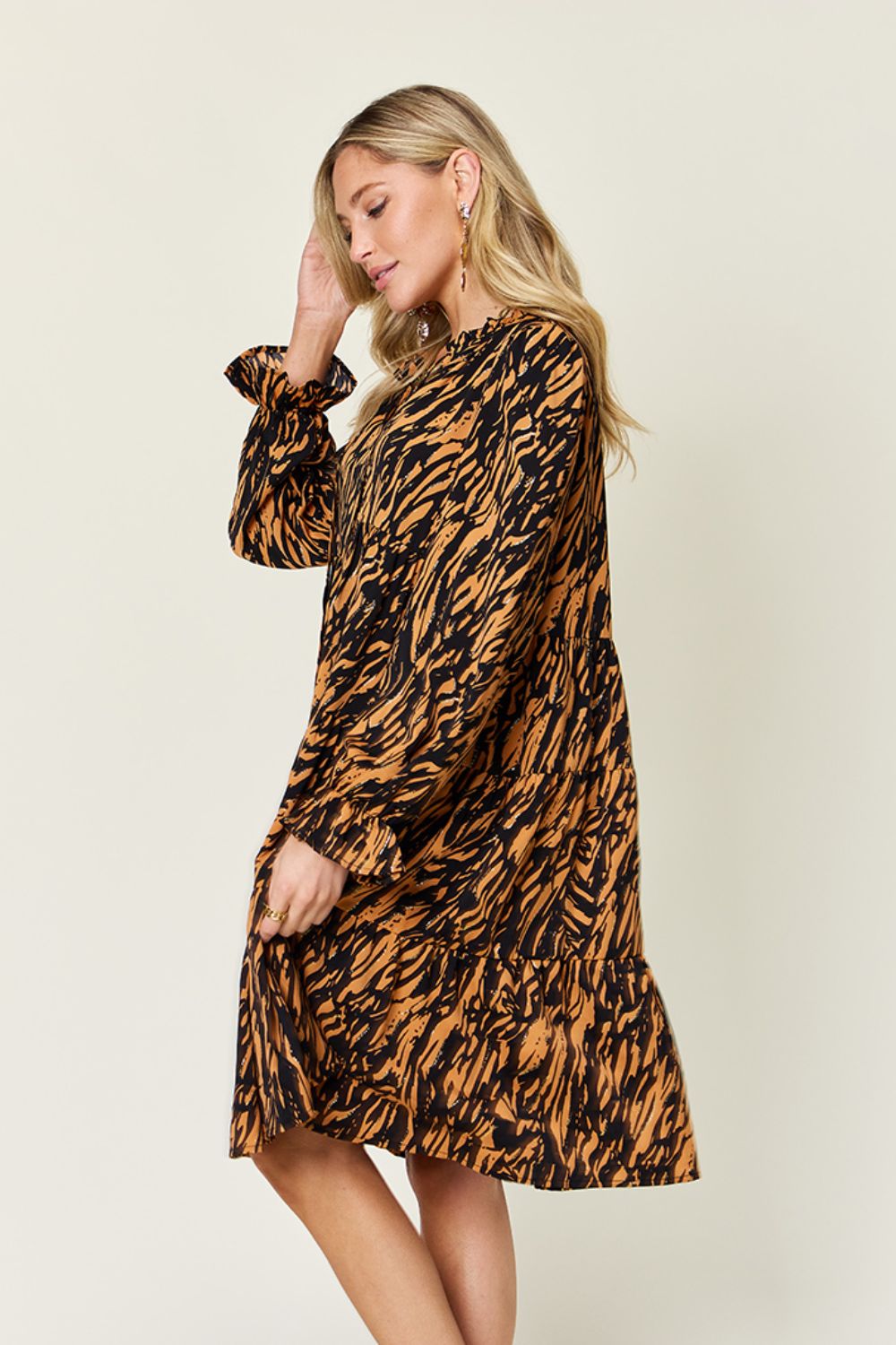 Double Take Printed Ruffle Hem Long Sleeve Dress