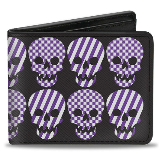 Bi-Fold Wallet - Checker & Stripe Skulls Black White Purple