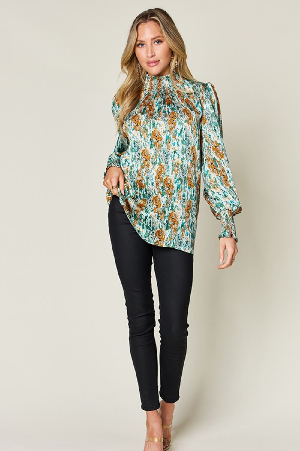 Double Take Printed Smocked Long Sleeve Blouse